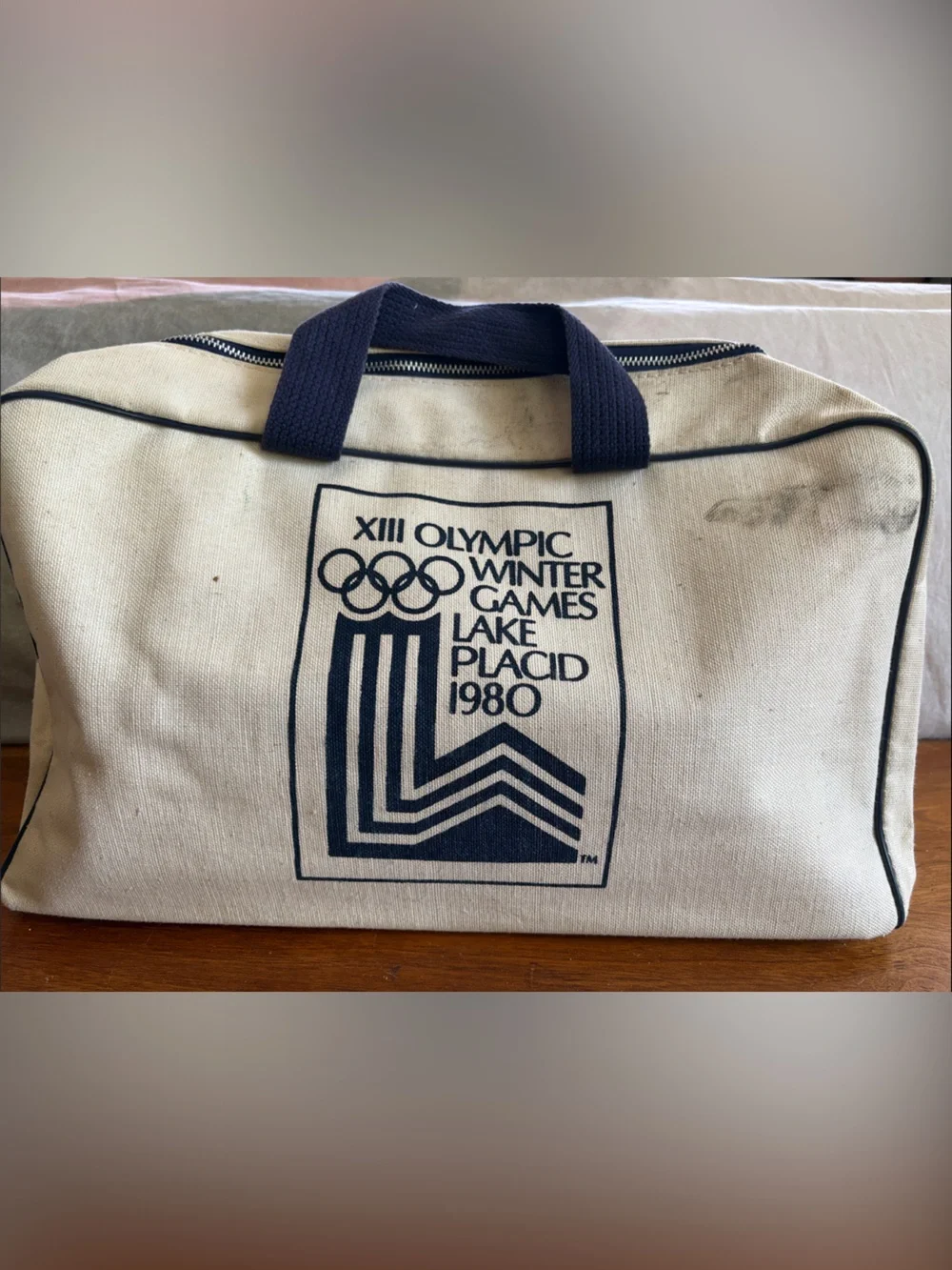 Vintage Beige Canvas Tote Bag with Navy Print - Olympic Lake Placid 1980